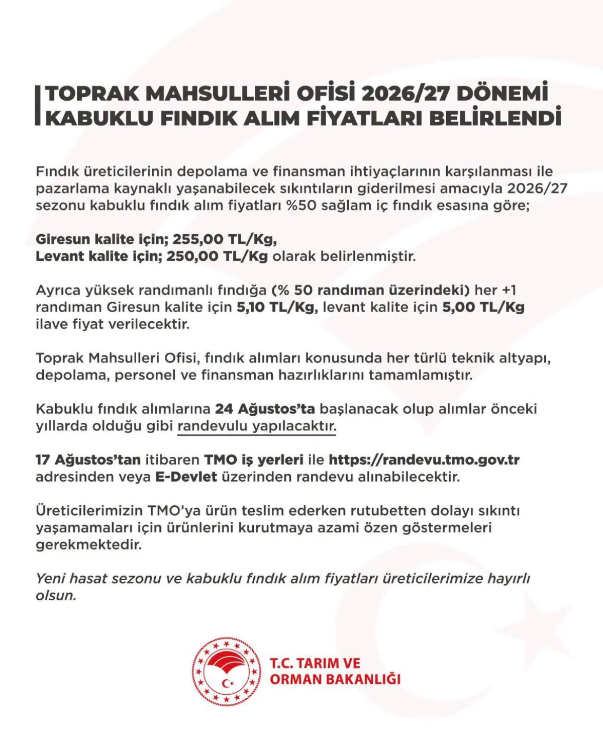 2026/2027 d&ouml;nemi kabuklu fındık alımları A&ccedil;ıklandı