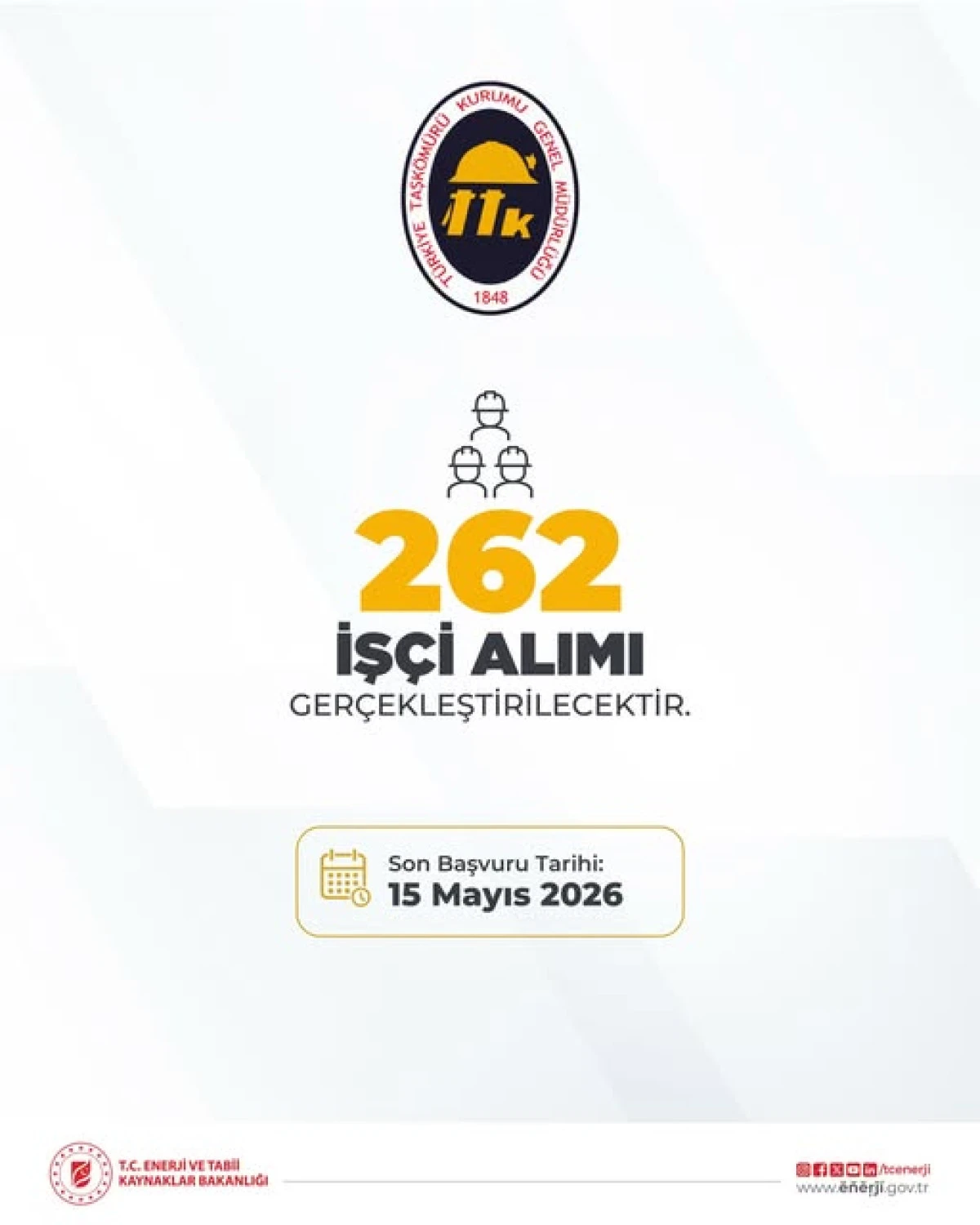  TTK B&uuml;nyesinde istihdam edilmek &uuml;zere 262 yeni iş&ccedil;i alımı
